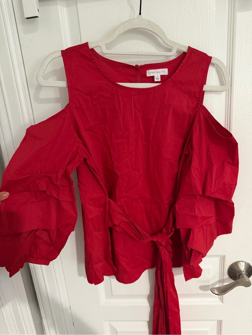 Socialite Bright Red Cold-Shoulder Ruffle Tie-Front Blouse